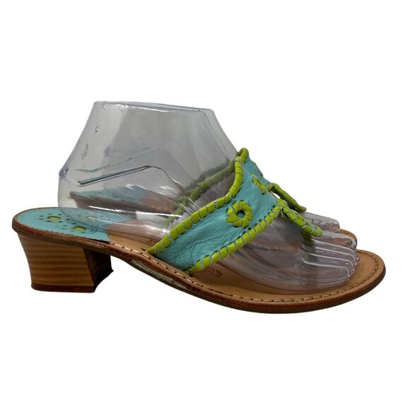 Jack Rogers Blue and Green Heeled Whip Stitch Leather Sandals 9 - Picture 2 of 9